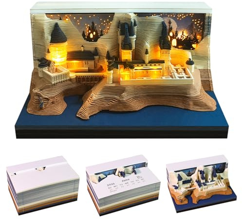 KBIBCK Schreibtisch Kalender mit Lichtern, 3D Kalender Abreißen 2026, 3D-Notizblock, 3D Memo Pad Papier Schnitzen, Kreative 3D Papierskulptur, DIY Desktop Ornament, Geschenke für Weihnachten (Schloss)