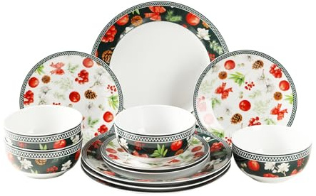 simpa 12PC Christmas Flora Orchard Ceramic Dinner Set. 4 Dinner Plates, 4 Side Plates & 4 Bowls. Dishwasher & Microwave Safe.
