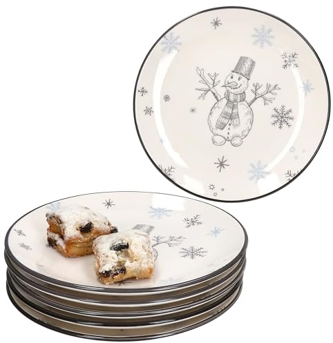 MamboCat 6er Set Olove Kuchenteller I Ø19,3cm I winterliche Frühstücksteller aus Steingut mit Schneemann & Schneeflocken I 6 Personen I für Weihnachten, Advent & Nikolaus