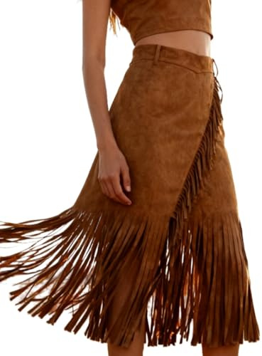 Apocrypha Womens Boho Fringe Faux Suede Trendy Casual Country Concert Western Cowgirl Tassel Skirt Brown