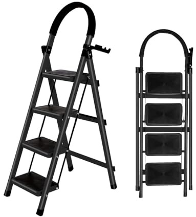 Escalera plegable de 3/4/5 peldaños Carga máxima de 150 kg Bloqueo de seguridad, pedales amplios apoyabrazos de escalera retráctil ligeros para el hogar, cocina, armario y oficina (negro-4 escalones)