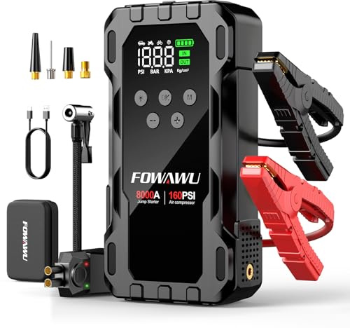 FOWAWU 8000A 26800mAh Auto Starthilfe Powerbank für PKW mit Kompressor | Alle Benziner/Diesel 10L, 160PSI Luftkompressor, 10-in-1,Niederspannungs-Zwangsstart,10 Schutzfunktionen,600LUM LED SOS Licht