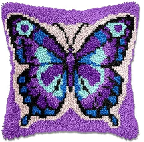 Komergave Knüpfen Set 43x43cm, Knüpfkissen mit Schmetterling Motiv, Knüpfteppich zum Selber Knüpfen für Erwachsene, DIY Gehäkelter Kissenbezug für Wohndekoration
