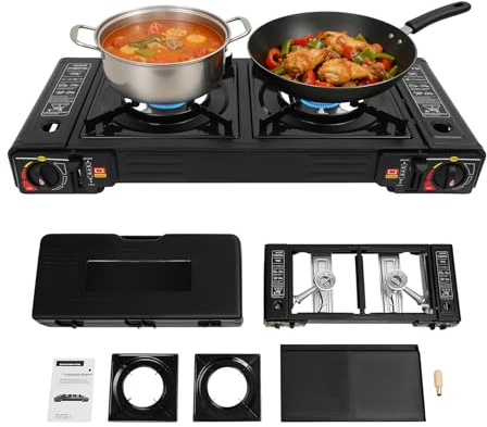 LENJKYYO Hornillo de camping de 2 quemadores con parrilla y bolsa de transporte, cocina de gas portátil, 2500 W por quemador, hornillo de gas para bombona de gas y cartucho, encendido piezoeléctrico