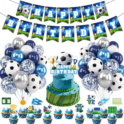 Ovanda 56 Stück Fußball Luftballons Set für Geburtstag & Fußballparty | Mit 30 cm Latexballons, Girlande und Cake Toppern aus Papier; für Geburtstag, Fußballparty und Sport Mottoparty.
