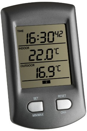 TFA Dostmann Ratio Funk-Thermometer, Außentemperatur, Innentemperatur, Uhrzeit und Alarm, (L) 68 x (B) 29 (78) x (H) 113 mm, Grau