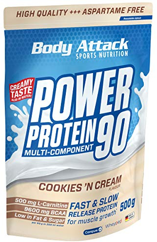 Body Attack Power Protein 90, Cookies n Cream, 500g, 5K proteine in polvere con proteine del siero di latte, L-carnitina e BCAA per la costruzione muscolare e il fitness.