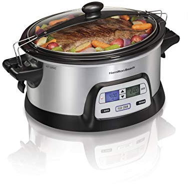 Hamilton Beach 33861 Portable Programmable Slow Cooker, Dishwasher Safe Crock, 6 Qt, FlexCook Dual Digital Timer/2 Heat Settings, Lid Lock for Easy Travel, Silver