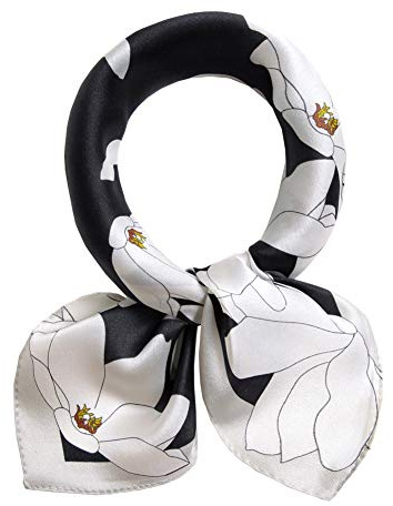 ANDANTINO Foulard 100% soie de mûrier véritable - 53 x 53 cm - Foulard léger - Femmes Hommes Petit Carré Imprimé Numérique Foulards De, Fleur noire et blanche, M