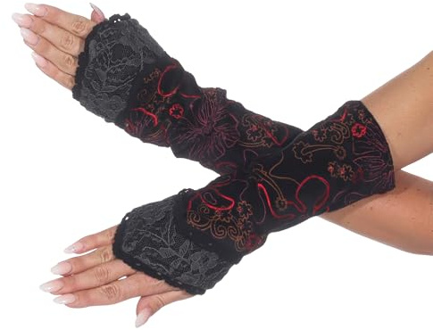 Kunst und Magie Damen Samt Armstulpen Stulpen Handwärmer Handschuhe mit Spitze, Farbe:Grau/Rot/Schwarz