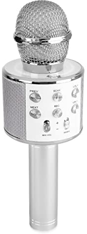 MAX KM01 Microphone Karaoké Micro Sans Fil Bluetooth - Argenté, Haut-Parleur, Batterie 6h environ, Micro Modificateur de Voix et Écho, Fonction Enregistrement et Selfie, Parfait pour les Enfants