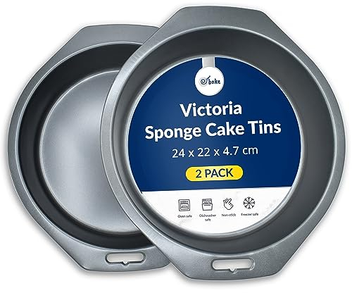 ebake Victoria Sponge Cake Tins - 2 Packs of 8 Inch Cake Tin - Non-Stick Round Cake Tins for Baking Cake, Pies, and Pudding - Easy to Clean Black Carbon Fixed Base Round Cake Tin with Handle