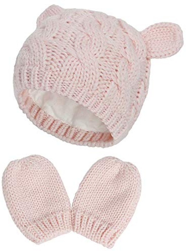 Yixda Neugeborene Baby Mütze und Handschuhe Set Kleinkind Winter Strickmütze Hüte (Rosa 2, 0-3 Monate)