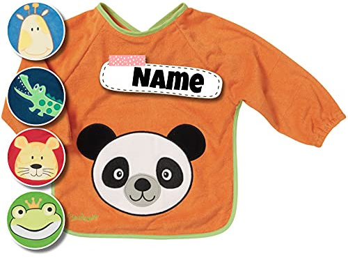 Langarm Lätzchen bestickt mit Namen, personalisiert, Spucktuch Baby mit Ärmel | Baby Erstausstattung (Orange - Panda)