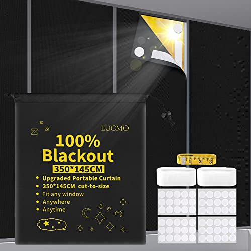 LUCMO Blackout Blinds 350 x 145 CM, 100% Blackout Blinds Curtain for Window, No Drill Portable Blackout Shades Film for Bedroom, Cut to Any Size, Nursery Black Out Blinds for Baby Travel Temporary