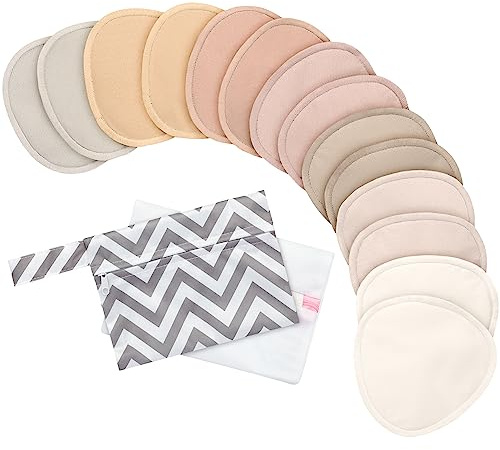 Organic Nursing Pads - 14 Washable Breast Pads for Breastfeeding, Wash Bag, Reusable Nipple Covers for Breastfeeding Essentials, Soft & Absorbent (Neutrals, M 3.9)