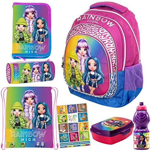 Goldkids 7er Set Schulrucksack Rucksack Federmappe Turnbeutel Brotdose Trinkflasche Schlamperrolle Aufgabenheft Rainbow High Motiv geeignet ab der ersten Klasse der Grundschule