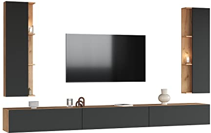 Planetmöbel TV Wohnwand Wohnzimmer 3X 100 cm Gold Eiche/Anthrazit, mit 2X 40cm Seitenschränken Gold Eiche/Anthrazit