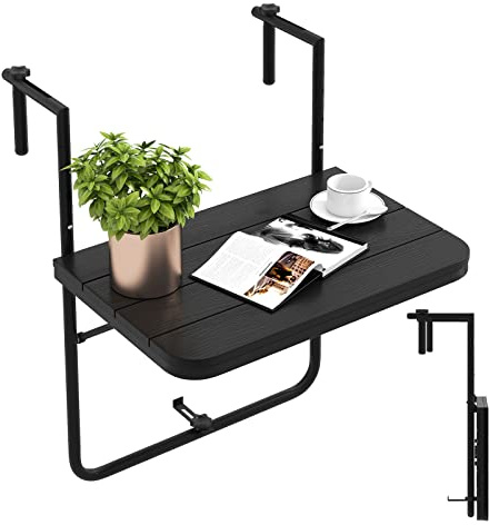 COSTWAY Table de Balcon Suspendue Pliable avec Hauteur 73/78,5/84CM, Table Rabattable en Hips et Métal avec Revêtement Anti-Rouille Charge 30KG pour Balcon Jardin, Noir
