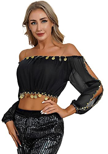 CHICTRY Bauchtanz Kostüm Damen Oberteil Kurz Bauchfrei Tanz T-Shirt Schulterfrei Tunika Bluse Pailletten Münzen Quasten Crop Top Belly Dance Outfit