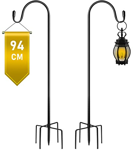 Schäferhaken für Gartenlichter, 94 cm, Schäferhunde, Gewichtheben, verstellbarer Outdoor-Gartenlaternen-Hakenständer mit Metallpfähle zum Aufhängen von kleinen Pflanzkörben, schwarz, 2 Stück