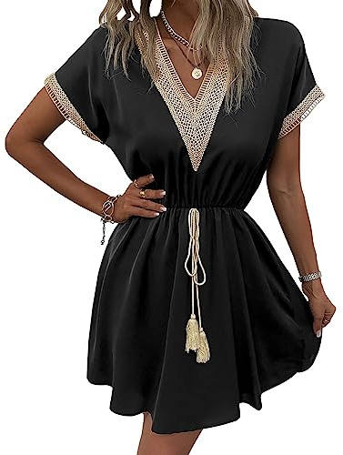 KOEMCY Vestido Corto Verano para Mujer Manga Corta Vestidos de Playa Cuello V Suelto Mini Vestido Colores Sólidos Casual Vestir Vacaciones (Negro, L)