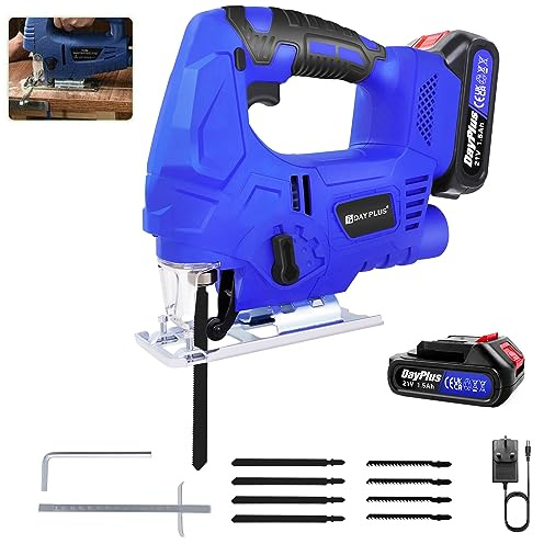 21V MAX Electric Jigsaw Tool for Wood Metal Cutting, Portable Cordless Jigsaw Battery Operated Saw, 3000SPM, 4 Orbital Settings, ±45° Bevel Cutting, Tool-Free Blade Clamp, w/ 8 Blades Bevel & LED