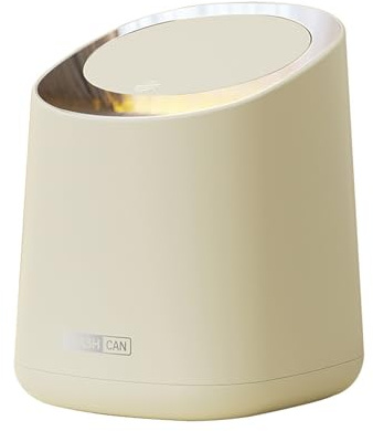 Koomuao Mini Poubelle, 3L Petite Poubelle de Table avec Couvercle à Bouton, Poubelle de Bureau Créative en Plastique Poubelle de Nettoyage pour Isole l'odeur des déchets (Beige)