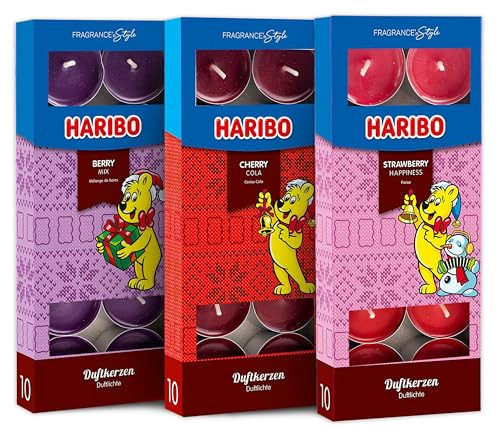 Haribo 3er-Set Duftteelichter Winter Edition - Berry Mix, Cherry Cola, Strawberry Happiness - 30 Stück mit 4-6 Stunden Brenndauer im festlichen Winterdesign