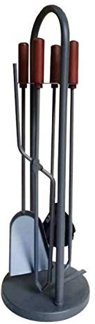 Kaminwerkzeug-Set, grau, 5-teiliges Metall-Herdbegleiter-Zubehör – Zange, Schaufel, antike Bürste, Schürhaken – Holzgriff und runder Sockel – perfekter Kaminbegleiter