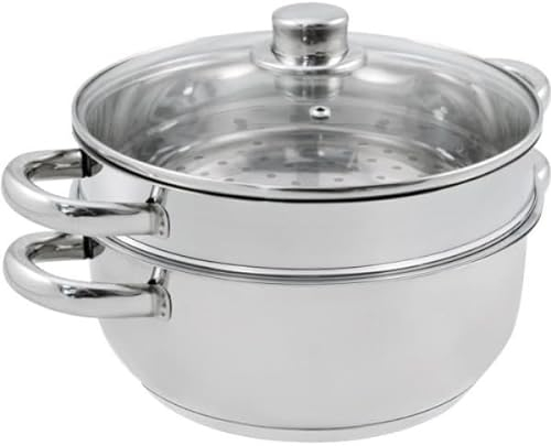 BAUMALU - Combiné Vapeur 2 Corps - Acier Inoxydable - Tous Feux dont Induction - Cuiseur Composé d'un Faitout, Compartiment Perforé et Couvercle en Verre - Poignées Fixes - Ø24cm