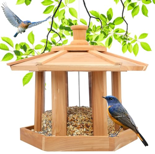 Liawm Vogelfutterstation aus Holz zum Aufhängen im Freien, rote Zeder, sechseckig, großes Fassungsvermögen, Kardinal-Vogelfutterstation für Gartendekoration, Hof, wetterfest und langlebig (groß)