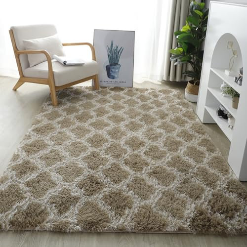 Menkala Teppich Langflor Flauschig Braun Gittermuster Shaggy Bettvorleger Waschbarer rutschfest Wohnzimmerteppich Modern Deko für Wohnzimmer Schlafzimmer Kinderzimmer Flur Bettumrandung 140x200cm
