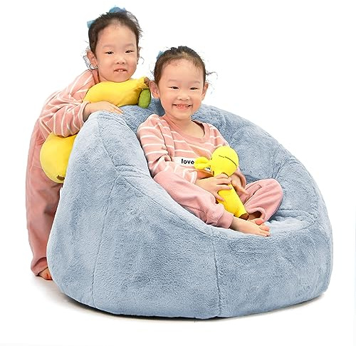 N&V Small Bean Bag Chair for Kids, Children Mini Bean Bag Sack, Foam Filling, Includes Removable and Machine Washable Cover, 27in, Soft Faux Fur (Grey)