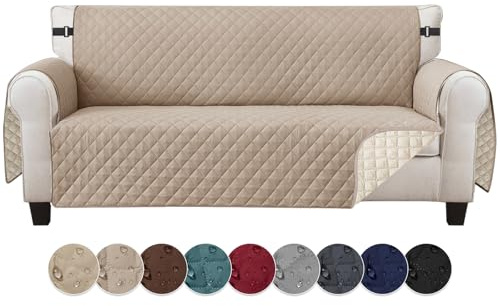 Jaotto Sofabezug 4 Sitzer wasserdichte Sofa Überzug mit Armlehnen Antirutsch Sofaschoner Sofaüberwurf Reversible Gesteppte Couch überzug für Haustiere Katzen Hunde,Khakifarbe