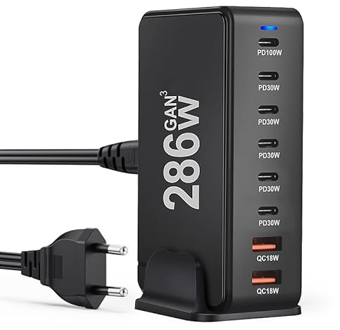 USB C Ladegerät: 286W 8-Port USB Netzteil Adapter Mehrfach Ladegerät mit 6 USB-C und 2 USB-A, Schnellladegerät PD 3.0 Charger Power Netzteil für MacBook, Laptop, iPhone, iPad, Samsung