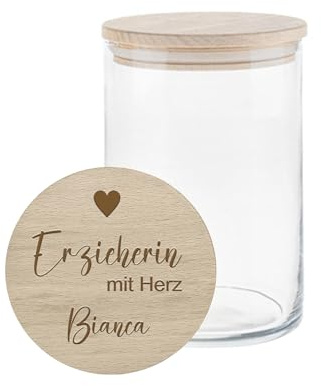 mamir home Abschiedsgeschenk Erzieherin mit Herz | Lehrerin mit Herz Geschenk | personalisierte Geschenke Erzieherin | Vorratsglas (Erzieherin/Lehrerin mit Herz + Name, Höhe 16,0cm)