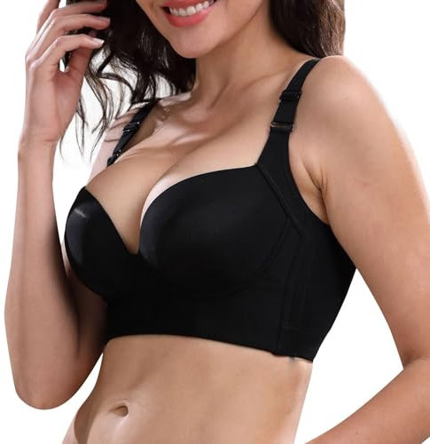 RKK Women's Push Up Bra, Deep Cup Bra Plus Size Full-Coverage Hides Back Fat Bras, Everyday Comfort Shapewear Incorporated Bras(Black,34-dd)