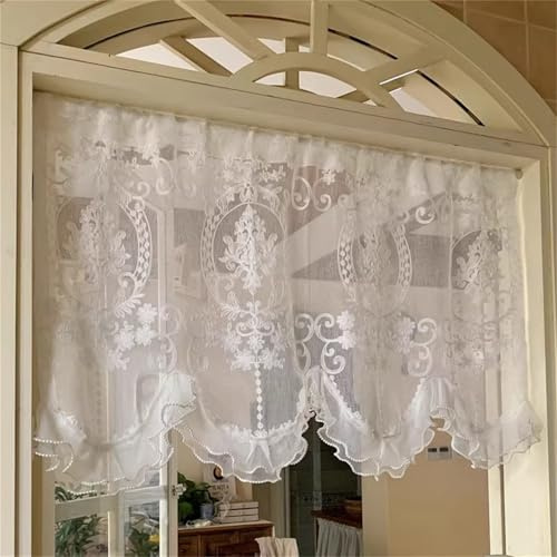 champracer Landhausstil Kurzgardine, Boho Kurze Vintage Spitze Gehäkelt Blumen Muster Retro Bistrogardine Kurz Gardinen Kleines Fenstervorhang Küche Tür mit Quaste (1 Stüick, W 200x H 65 cm)