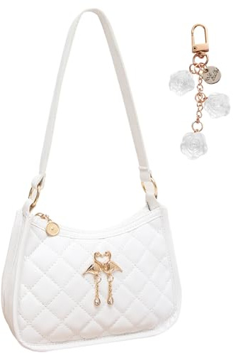 FOSDICK Umhängetasche Handtasche Damen Klein, Retro Achsel Tasche mit Schlüsselanhänger, Crossbody Bag Schultertasche Weiß, Handtasche Klein, Shoulder Handtaschen für Frauen Täglich Lässige