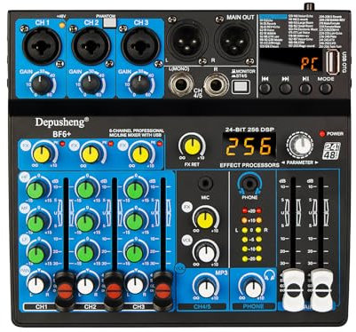 Depusheng BF6+ Mini mezclador portátil, mezclador de audio de 5 canales, consola DJ con función Bluetooth, USB, alimentación phantom 48V para grabación en PC, 256DSP, fiesta webcast
