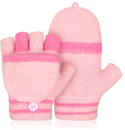 Kiiwah Gants Sans Doigts avec Rabat pour Enfant 5-10 Ans, Mitaine Hiver Thermique Gants pour Garçons Filles (Rose)
