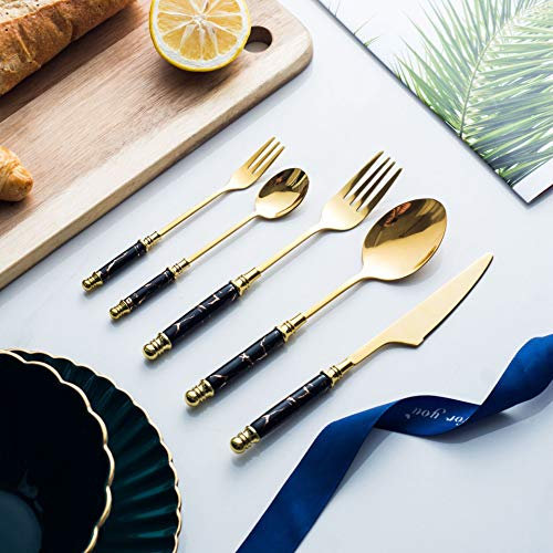 Besteck-Sets, 20-teilig, goldenes Besteck-Set aus Edelstahl, Geschirr-Set, Smaragdmarmor, Keramikgriff, Messer, Gabel, Löffel, Tafelservice, Dessert-Besteck, Edelstahl (grün, 20-teilig) (Marmor,