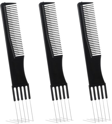 ZEYIYER 3PCS Carbon Lift Teasing Combs with Metal Pick, Salon Lifting Fluffing Combs, Women's Lift Teasing Comb with Metal Prong for Hair Styling(Black)