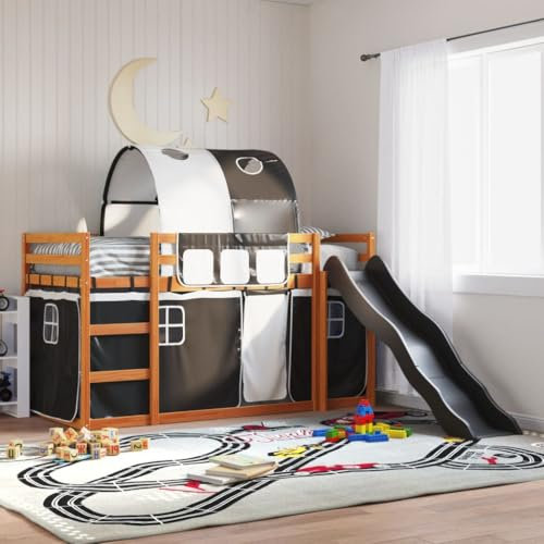 AJJHUUKI Letti & Accessori-Letti & Telai-Letto a castello con scivolo e tende Bianco e Nero 80x200 cm