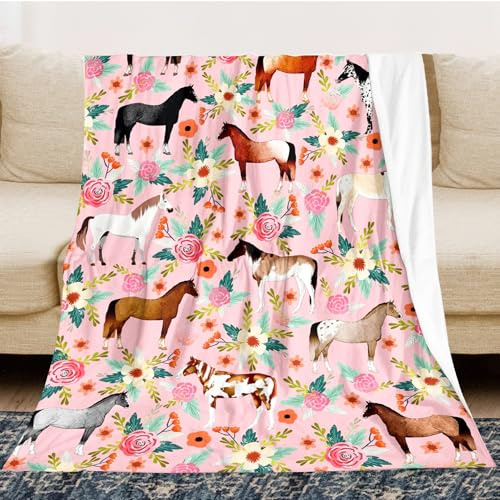 Horse Blanket Gifts for Girls, Unique Fun Cool Floral Flower Throw Blanket Gifts for Horse Lovers, Soft Warm Pink Cozy Plush Flannel Fleece Blankets for Sofa Couch Bedroom Livingroom 50X40