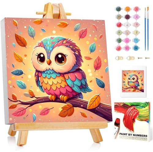 Mafenr Art Hibou Peinture Numero Enfant Avec Cadre, Hibou Kits de Peinture au Numéro, Peinture par Pour la Décoration de la Maison (20x20 cm), Avec Chevalet