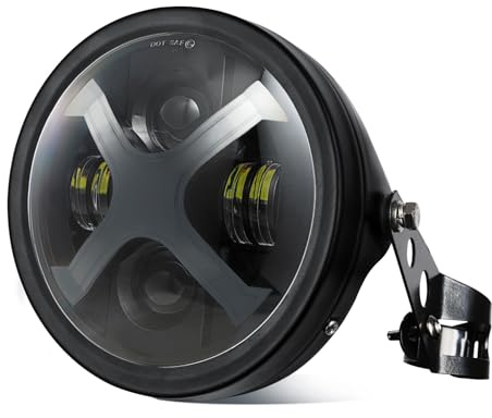 HENGTUAOTO 7inch LED X-Style White/Red DRL Motorcycle Headlight with Headlight Housing Bucket Mount Brackets Compatible with CB400 CB1300 Vulcan custom XS650 Chopper Cafe Racer Bobbe