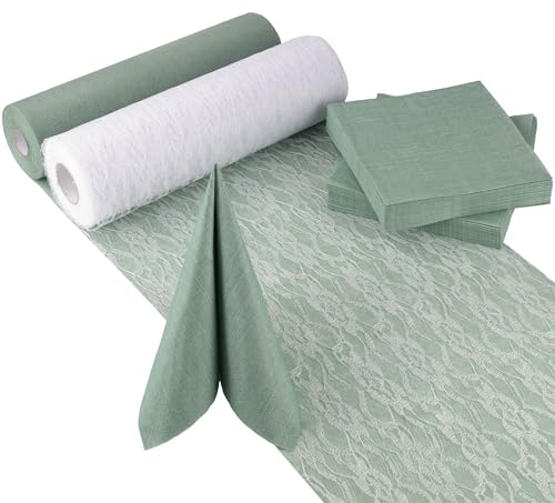 100%Mosel Tischdeko-Set – Eukalyptus Grün & Weiß – Dekorative Tischbänder & Servietten für Taufe, Kommunion, Konfirmation, Hochzeit & Geburtstag – Praktisches Dekoset für besondere Anlässe