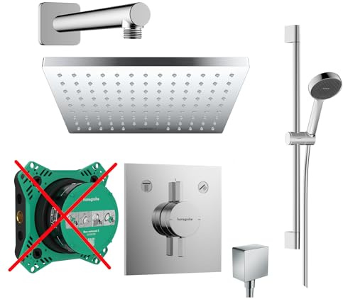 Hansgrohe Duschsystem mit Unterputz Duscharmatur von Hansgrohe Regendusche mit Armatur, Duschkopf eckig, Wandarm Dusch-SET HGK211-ob poliert